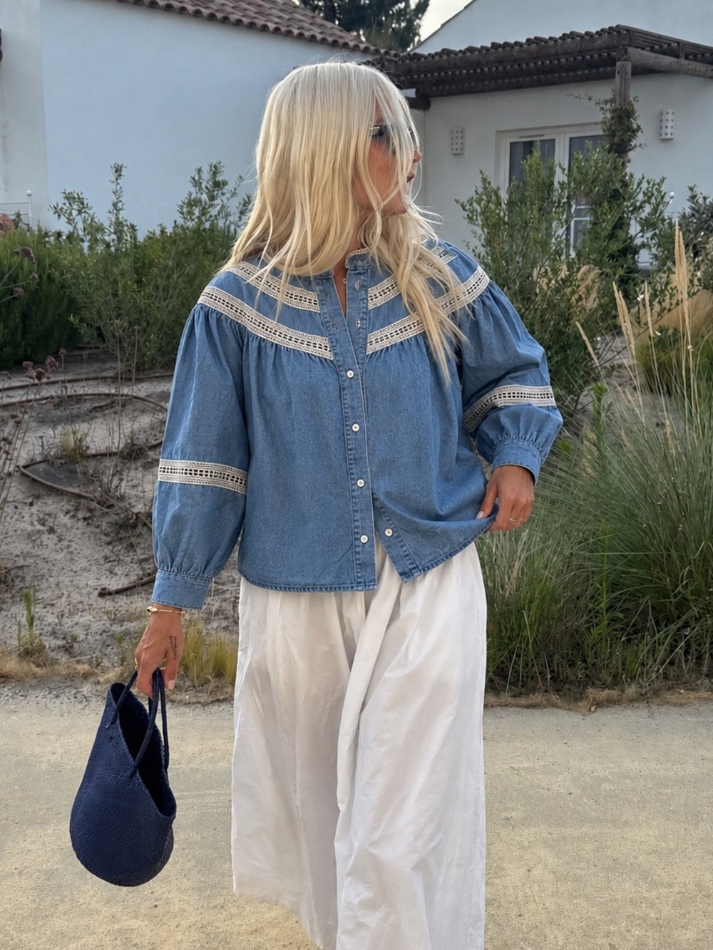 Denim Lace-Trim Button Front Blouse Blue Small NWT Prairie Cottage Core Romatic